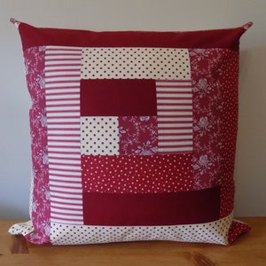 Patchwork Cushion Cover UK, Log Cabin Pillow Cover, Decorative Throw Pillow, Burgundy Floral Spots Stripes, Pillow Sham, Vintage Style, 16"