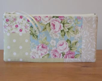 Pencil Case, Make Up Bag, Vintage Style, Floral Patchwork, 100% Cotton Canvas Fabric, Storage Zipper Pouch, Cosmetics Purse, Lined, Handmade