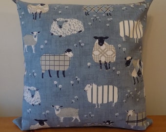 Sheep Cushion Cover UK, Animal Pillow Cover, Decorative Throw Pillow, Nursery Children's Pillow Case, Blue Cotton Canvas Fabric, 16" 18" Zip