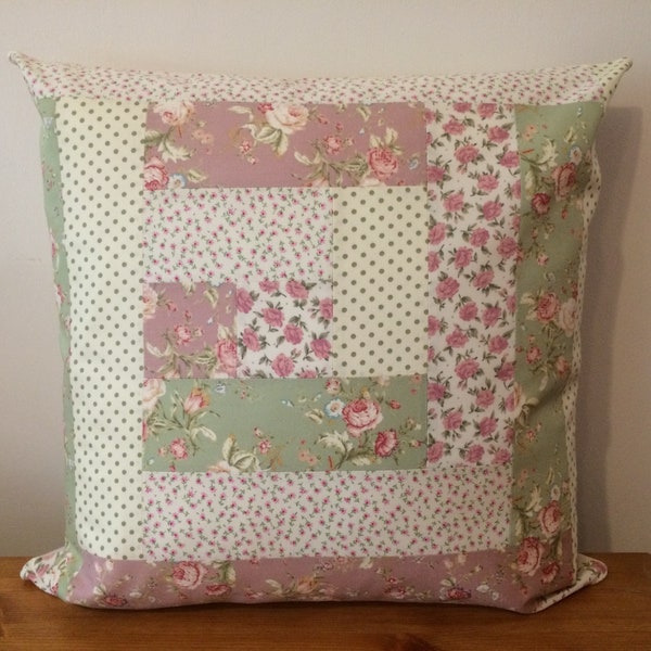 Patchwork Cushion Cover UK, Log Cabin, Rose & Hubble 100% Coton, Floral Spots Fabric, vintage, Shabby Chic, Rose Ivoire Vert, 16 », Fait main