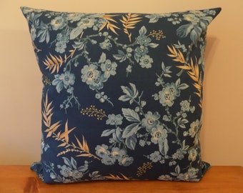 Floral Cushion Cover UK, Flower Pillow Cover, Blue Decorative Throw Pillow, Cotton Fabric Pillow Sham, Beautiful Makower Fabric, 16", Zip