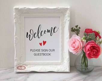 Calligraphy WELCOME SIGN please sign our guestbook Guestbook signage Whimsical wedding decor Rustic wedding sign Cute red hearts UNIQUE sign