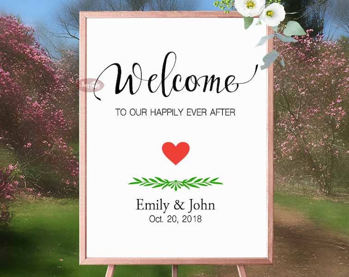 Greenery Welcome to Our Happily Ever After wedding sign, Rustic welcome signage, Wedding Decor, Calligrahy Wedding Sign Wedding Welcome sign