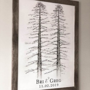 May include: A framed print featuring two stylized trees with handwritten signatures. The artwork is in black and white, with the names of guests written on the branches. The bottom of the print reads "Bri & Greg 11.02.2019". The frame is a rustic gray color.