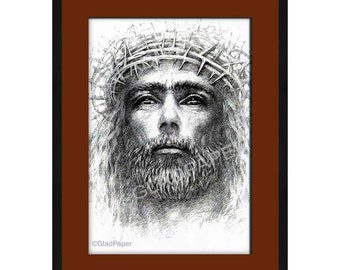 Pencil Drawing Jesus Christ Art Print, Jesus Art Print, Jesus Picture, Jesus Portrait, Jesus Print Black White, Jesus with Crown drawing