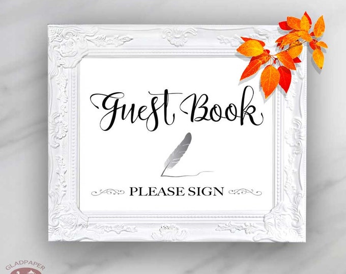 Guestbook please sign signage, Feathered pen guestbook sign for wedding reception decoration, Guest book Calligraphy guestbok sign, SX-023