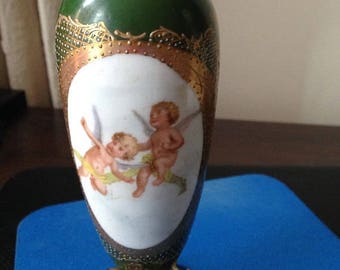 Antique Victorian Moss Green Sevres-Style Porcelain and Brass Vase
