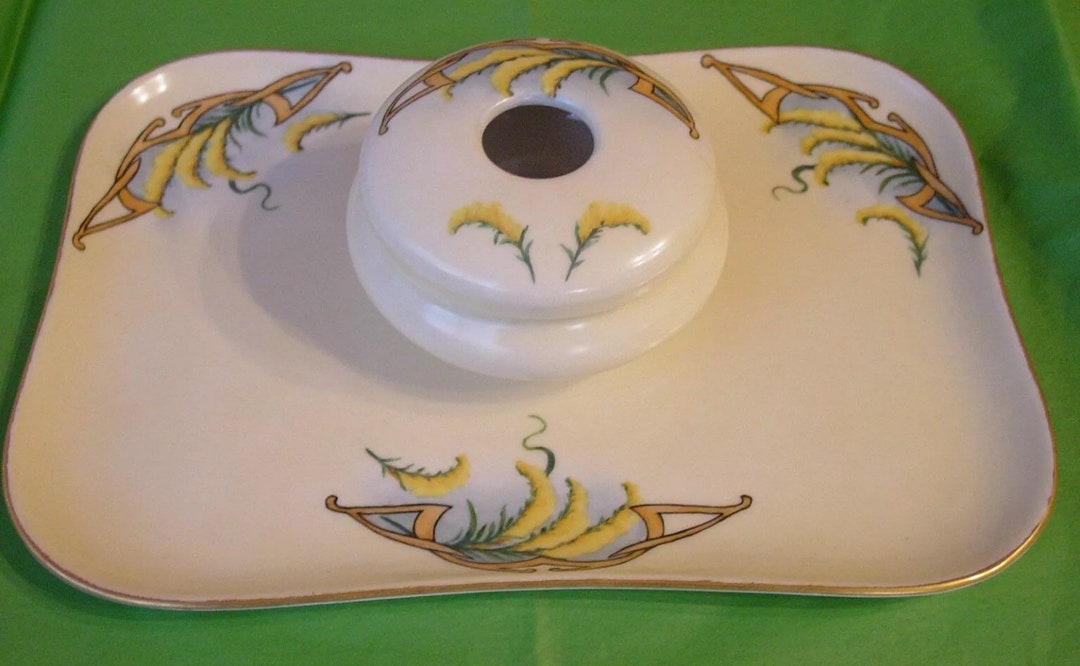 Art Deco Limoges hand panted hair receiver & tray Antique TV Limoges Porcelain Hair Receiver, Hand Painted  main image 4