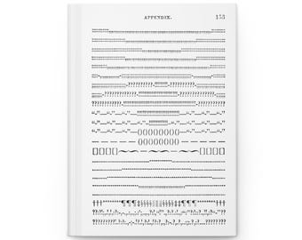 May include: A white hardcover notebook with the word "APPENDIX" and the number "153" printed on the top right corner. The pages are filled with rows of various symbols and characters in black ink, creating a unique pattern.