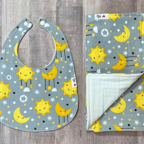 Sun, moon, stars baby bib & burp cloth set, gender neutral, sunny theme nursery, shower gift, absorbent, infant, bright yellow gray flannel