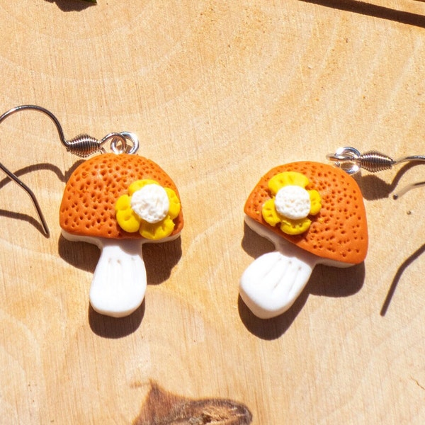 Boucles d'oreilles champignons fleuries / Pâte Fimo Pâte polymère Fait main Fantaisie Unique Colorées Pour femmes Avec motifs floraux Nature