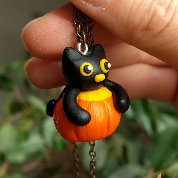 Pendentif chat citrouille / Fimo / Halloween / Automne