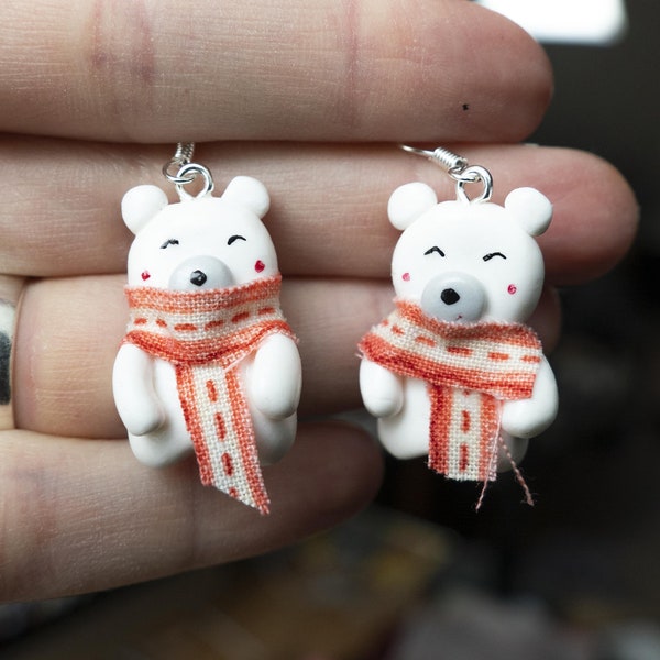 Boucles d'oreilles ours polaire blanc / Fimo / Noël / Hiver