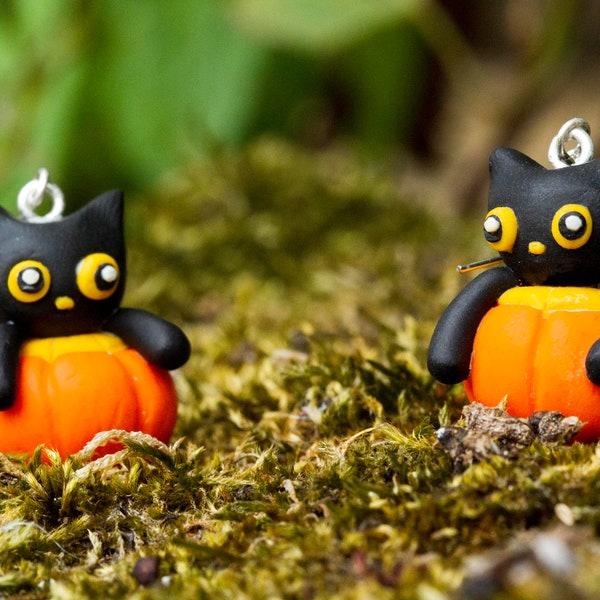 Boucles d'oreilles chat citrouille / Fimo / Halloween