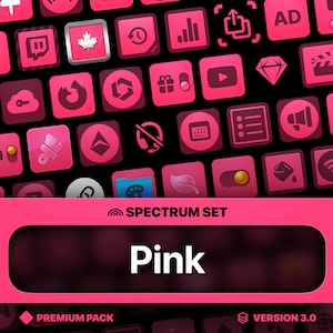 Puede incluir: Una colección de iconos de aplicaciones rosas con un fondo rosa y el texto "SPECTRUM SET Pink" y "PREMIUM PACK" y "VERSION 3.0".