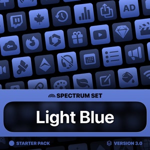 May include: A collection of blue icons on a black background. The icons represent various social media platforms, apps, and other online services. The text "SPECTRUM SET" and "Light Blue" are displayed in white on a blue background.