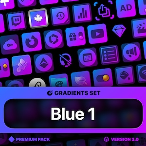 Puede incluir: Un conjunto de iconos de aplicaciones con degradado azul y morado sobre un fondo negro. La imagen incluye una pancarta que dice "GRADIENTS SET" y "Blue 1". La parte inferior de la imagen dice "PREMIUM PACK" y "VERSION 3.0".