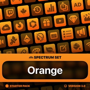 Pode incluir: Uma coleção de ícones laranja em um fundo preto. Os ícones representam várias plataformas de mídia social, aplicativos e outros serviços online. O texto "SPECTRUM SET" e "Orange" é exibido abaixo dos ícones.