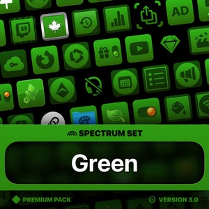 Könnte beinhalten: Eine Sammlung grüner App-Symbole auf schwarzem Hintergrund. Die Symbole sind quadratisch mit abgerundeten Ecken und zeigen verschiedene Symbole. Das Bild enthält den Text "SPECTRUM SET" und das Wort "Green" in einem Banner. Der untere Teil des Bildes zeigt "PREMIUM PACK" und "VERSION 3.0".