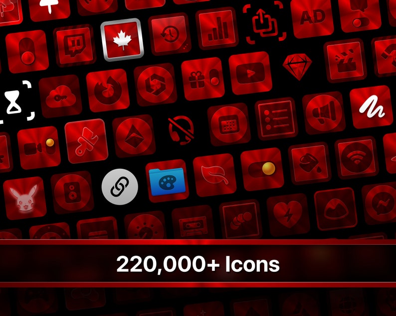 May include: A collection of red and silver icons with a black background. The icons are arranged in a grid pattern and include a variety of symbols, such as a Canadian flag, a play button, a diamond, a folder, and a leaf. The text "220,000+ Icons" is displayed at the bottom of the image.
