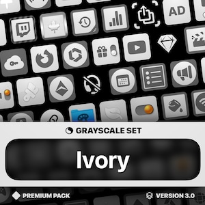 Peut inclure: Une collection d'icônes en nuances de gris dans un schéma de couleurs blanc et gris. Les icônes sont disposées en grille et comprennent divers symboles tels qu'un bouton de lecture, un diamant, un dossier, une feuille et un seau de peinture. Le texte "Grayscale Set" et "Ivory" est affiché sous les icônes.