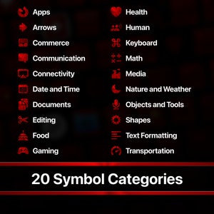 May include: A red and black graphic with 20 red icons and their corresponding category names in white text. The categories include Apps, Arrows, Commerce, Communication, Connectivity, Date and Time, Documents, Editing, Food, Gaming, Health, Human, Keyboard, Math, Media, Nature and Weather, Objects and Tools, Shapes, Text Formatting, and Transportation. The text at the bottom of the graphic reads "20 Symbol Categories".