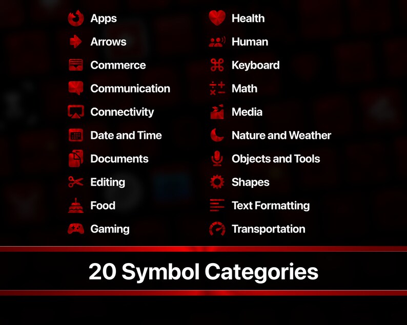 May include: A red and black graphic with 20 red icons and their corresponding category names in white text. The categories include Apps, Arrows, Commerce, Communication, Connectivity, Date and Time, Documents, Editing, Food, Gaming, Health, Human, Keyboard, Math, Media, Nature and Weather, Objects and Tools, Shapes, Text Formatting, and Transportation. The text at the bottom of the graphic reads "20 Symbol Categories".