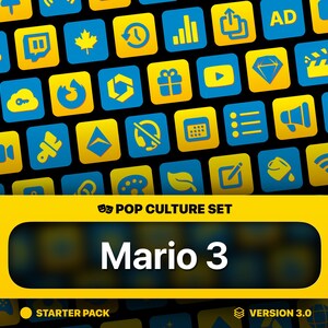 Puede incluir: Una cuadrícula amarilla y azul de iconos que representan elementos de la cultura popular, incluyendo un logotipo de Twitch, una bandera canadiense, un botón de reproducción, un diamante, un megáfono y un símbolo de Wi-Fi. El texto "Pop Culture Set" y "Mario 3" se muestra en negro sobre un fondo amarillo. El texto "Starter Pack" y "Version 3.0" se muestra en negro sobre un fondo blanco.