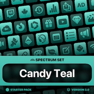 Puede incluir: Un conjunto de iconos con una paleta de colores verde azulado y verde, que incluye una variedad de iconos, como un botón de reproducción, un diamante, una nube, un pincel, una hoja y una lata de pintura. El texto "Candy Teal" se muestra en una fuente grande en la parte inferior de la imagen.