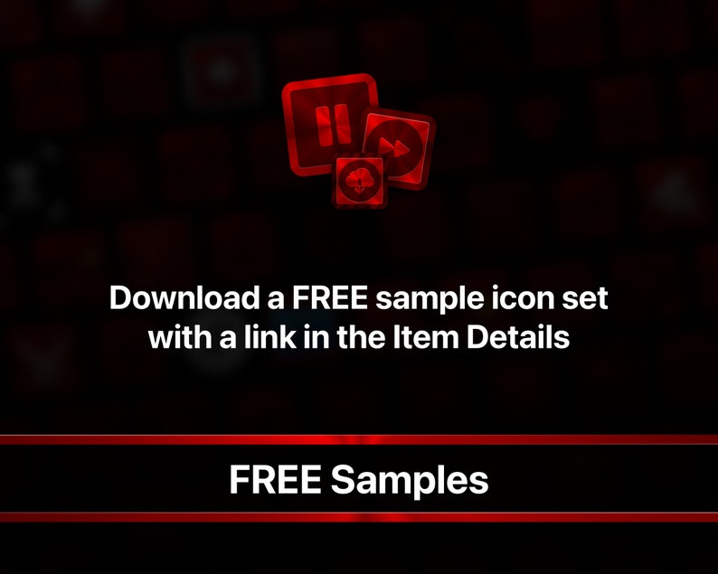 May include: Red and black icon set with a play button, pause button, and a forward button. Download a FREE sample icon set with a link in the Item Details. FREE Samples