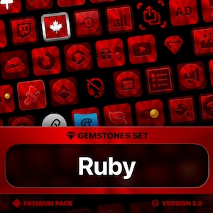 以下が含まれることがあります： 金属光沢のある赤と黒のアイコンのセット。アイコンはグリッドパターンで配置されており、再生ボタン、ダイヤモンド、クラウド、レンチ、葉など、さまざまなシンボルが特徴です。テキスト「GEMSTONES SET」と「Ruby」は、赤い背景に白で表示されています。