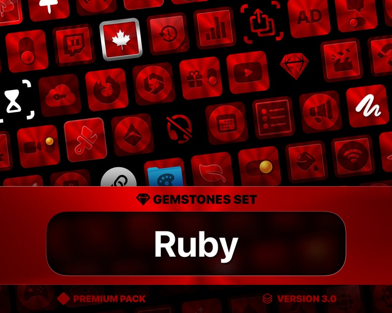 May include: A set of red and black icons with a metallic sheen. The icons are arranged in a grid pattern and feature various symbols, including a play button, a diamond, a cloud, a wrench, and a leaf. The text "GEMSTONES SET" and "Ruby" are displayed in white on a red background.