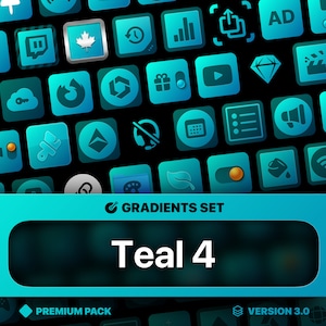 Puede incluir: Conjunto de iconos de degradado turquesa con más de 50 iconos. Los iconos están en un esquema de color turquesa con un efecto de degradado. Los iconos están dispuestos en una cuadrícula. El texto "Gradients Set" y "Teal 4" están en la parte superior de la imagen. El texto "Premium Pack" y "Version 3.0" están en la parte inferior de la imagen.