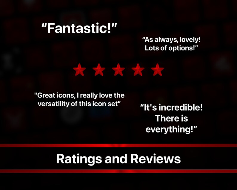 May include: Five red stars and several customer reviews for a product. The reviews include quotes like "Fantastic!" and "It's incredible! There is everything!"