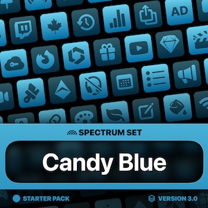 Puede incluir: Un conjunto de iconos azul y negro con una variedad de iconos, incluyendo un botón de reproducción, una nube, un pincel, una hoja y un diamante. El conjunto se llama "Candy Blue" y forma parte del paquete de inicio "Spectrum Set".