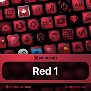 May include: A set of red icons with a mesh design. The icons are arranged in a grid pattern and include various symbols, such as a play button, a diamond, a speaker, and a leaf. The text "MESH SET" and "Red 1" are displayed in the centre of the image. The text "PREMIUM PACK" and "VERSION 3.0" are displayed at the bottom of the image.