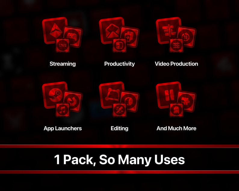 May include: Six red icons with different symbols, each representing a different category of app use. The categories are Streaming, Productivity, Video Production, App Launchers, Editing, and And Much More. The text "1 Pack, So Many Uses" is at the bottom of the image.
