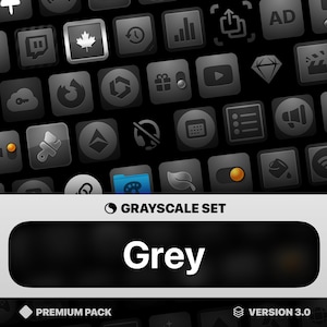 Puede incluir: Un conjunto de iconos grises para varias aplicaciones y sitios web. Los iconos están dispuestos en una cuadrícula y tienen un acabado brillante. El texto "GRAYSCALE SET" y "Grey" se muestra en la parte inferior de la imagen. El texto "PREMIUM PACK" y "VERSION 3.0" se muestra en la parte inferior de la imagen.