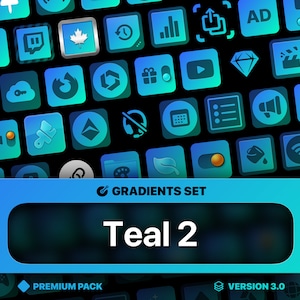 Puede incluir: Conjunto de iconos en degradado azul turquesa con una variedad de iconos, incluyendo redes sociales, tecnología e iconos generales. El conjunto está etiquetado como "Teal 2" y "Gradients Set" con un fondo azul y turquesa. El conjunto está etiquetado como "Premium Pack" y "Version 3.0".