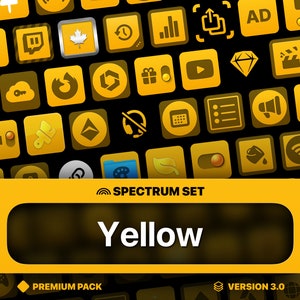 Puede incluir: Un conjunto de iconos amarillos para aplicaciones y sitios web. Los iconos están dispuestos en una cuadrícula y incluyen una variedad de símbolos, como un reloj, un botón de reproducción, un diamante y un pincel. El texto "SPECTRUM SET" y "Yellow" es visible en la parte inferior de la imagen. El texto "PREMIUM PACK" y "VERSION 3.0" es visible en la parte inferior de la imagen.