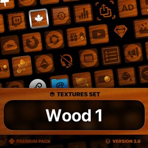 May include: A set of 48 wood texture icons for use in graphic design. The icons are arranged in a grid pattern and feature a variety of shapes and symbols. The icons are labeled "Wood 1" and "Premium Pack".