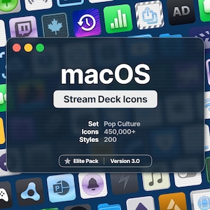 Puede incluir: Una pantalla de ordenador que muestra una página de producto de macOS Stream Deck Icons. La página presenta un fondo azul oscuro con texto blanco y un icono de estrella. El texto dice "macOS Stream Deck Icons", "Set Pop Culture", "Icons 450,000+", "Styles 200", "Elite Pack", y "Version 3.0".