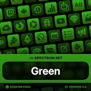 Puede incluir: Un conjunto de iconos verdes con una variedad de símbolos, incluyendo un botón de reproducción, un diamante, una hoja, un pincel y un símbolo de wifi. El conjunto está etiquetado como "Spectrum Set Green" y "Starter Pack".