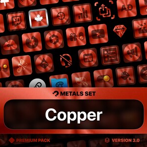 Puede incluir: Un conjunto de iconos de color cobre para usar en el escritorio de una computadora. Los iconos están dispuestos en una cuadrícula y presentan una variedad de diseños, que incluyen una nube, un engranaje, un botón de reproducción, un diamante y un micrófono. Los iconos están etiquetados como "Metals Set Copper" y "Premium Pack".