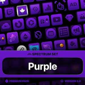 Könnte beinhalten: Eine Sammlung von lila Icons mit verschiedenen Symbolen, darunter ein Blatt, ein Pinsel, ein Ordner, ein Play-Button, ein Diamant, ein Lautsprecher, ein WLAN-Symbol und eine kanadische Flagge. Die Icons sind in einem Raster auf einem schwarzen Hintergrund angeordnet. Der Text "SPECTRUM SET" und "Purple" wird in Weiß auf einem lila Hintergrund angezeigt.