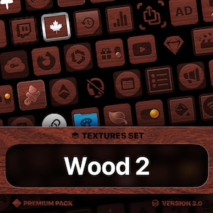 Może przedstawiać: Zestaw 36 ikon z fakturą drewna. Ikony są w ciemnobrązowym kolorze i mają różne kształty i wzory. Tekst "TEXTURES SET" i "Wood 2" jest wyświetlany na białym tle na brązowym drewnianym tle. Tekst "PREMIUM PACK" i "VERSION 3.0" jest wyświetlany na białym tle na brązowym drewnianym tle.