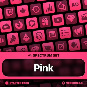 Puede incluir: Un conjunto de diseño gráfico rosa y negro con una variedad de iconos, que incluyen un botón de reproducción, un diamante, una nube, un pincel, una hoja y un micrófono. El conjunto está etiquetado como "Spectrum Set" y "Pink".