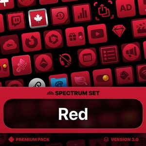Puede incluir: Una colección de iconos rojos dispuestos en una cuadrícula. Los iconos representan varias aplicaciones y sitios web, incluidos las redes sociales, la transmisión de video y las herramientas de productividad. El texto "SPECTRUM SET" y "Red" se muestra en blanco sobre un fondo rojo. El texto "PREMIUM PACK" y "VERSION 3.0" también se muestra en blanco sobre un fondo rojo.
