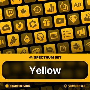 May include: A collection of yellow icons on a black background. The icons include a variety of symbols, such as a play button, a diamond, a cloud, a paintbrush, and a leaf. The text "SPECTRUM SET" and "Yellow" are displayed in a yellow banner at the bottom of the image. The text "STARTER PACK" and "VERSION 3.0" are displayed in a yellow banner at the bottom of the image.