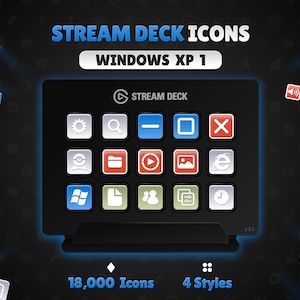 Puede incluir: Un dispositivo Stream Deck negro con varios iconos de aplicaciones en su pantalla. El texto "STREAM DECK ICONS" y "WINDOWS XP 1" están en la parte superior. La imagen también indica "18.000 iconos" y "4 estilos".